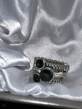 Silver Black Stone Stacked stretchy Ring - Women Jewelry